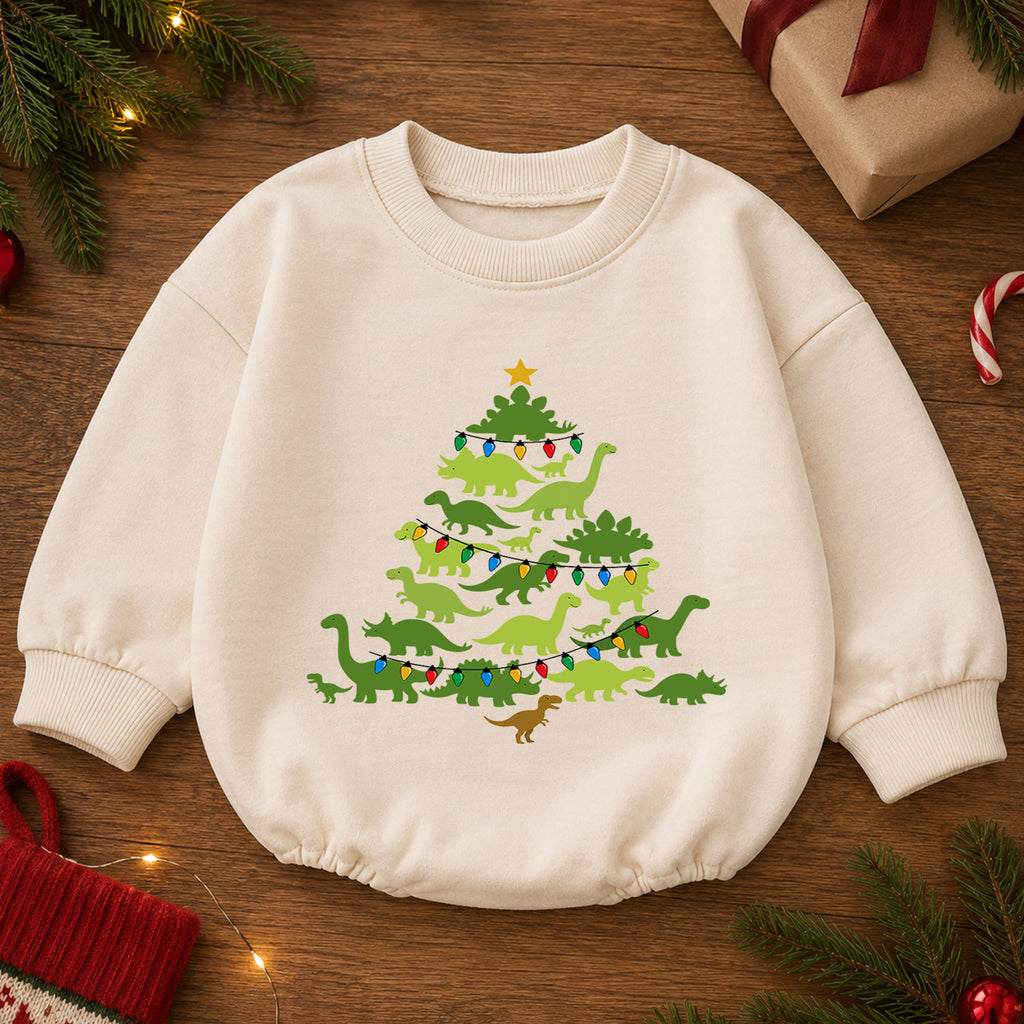 Christmas Dinosaur Baby Romper, Dino Tree Holiday Outfit, Cute Toddler Xmas Romper, 1st Christmas and 1st Birthday Gift — product view 2