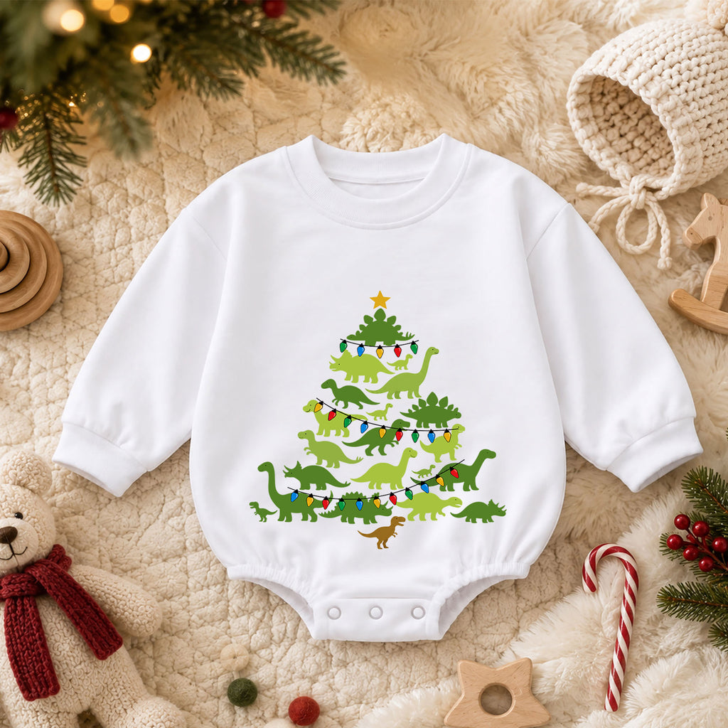 Christmas Dinosaur Baby Romper, Dino Tree Holiday Outfit, Cute Toddler Xmas Romper, 1st Christmas and 1st Birthday Gift — product view 3