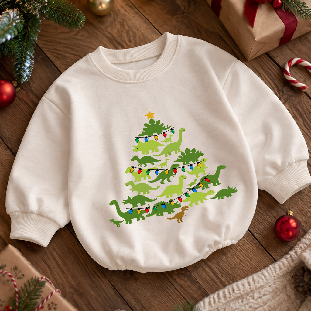 Christmas Dinosaur Baby Romper, Dino Tree Holiday Outfit, Cute Toddler Xmas Romper, 1st Christmas and 1st Birthday Gift — product view 5