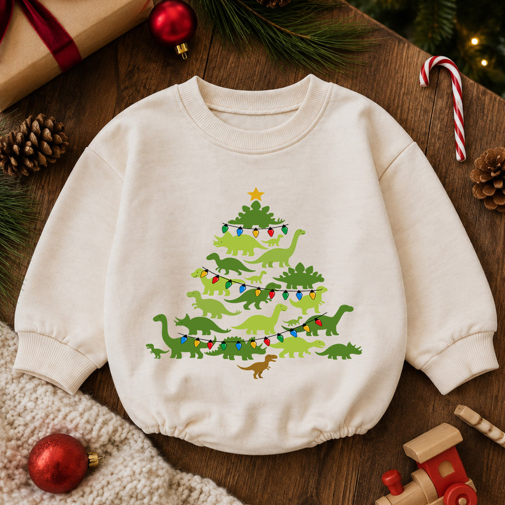 Christmas Dinosaur Baby Romper, Dino Tree Holiday Outfit, Cute Toddler Xmas Romper, 1st Christmas and 1st Birthday Gift — product view 6