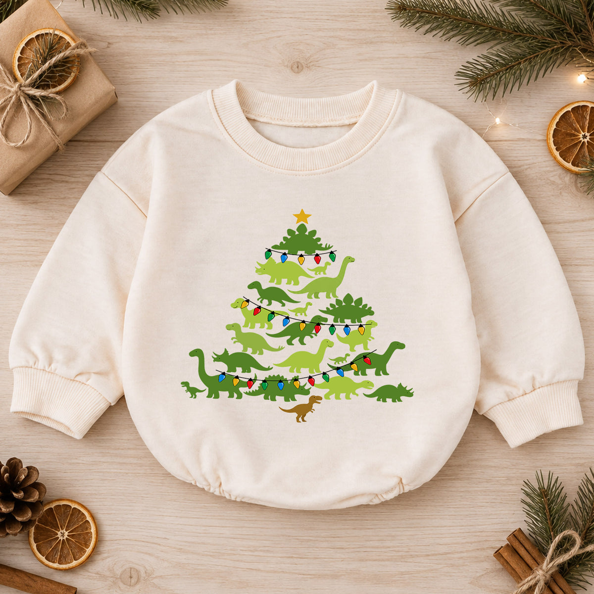 Dinosaur Christmas Tree Baby Romper, Dino Holiday Outfit, Toddler Xmas Clothes, Christmas Dinosaur Baby Gift — product view 1