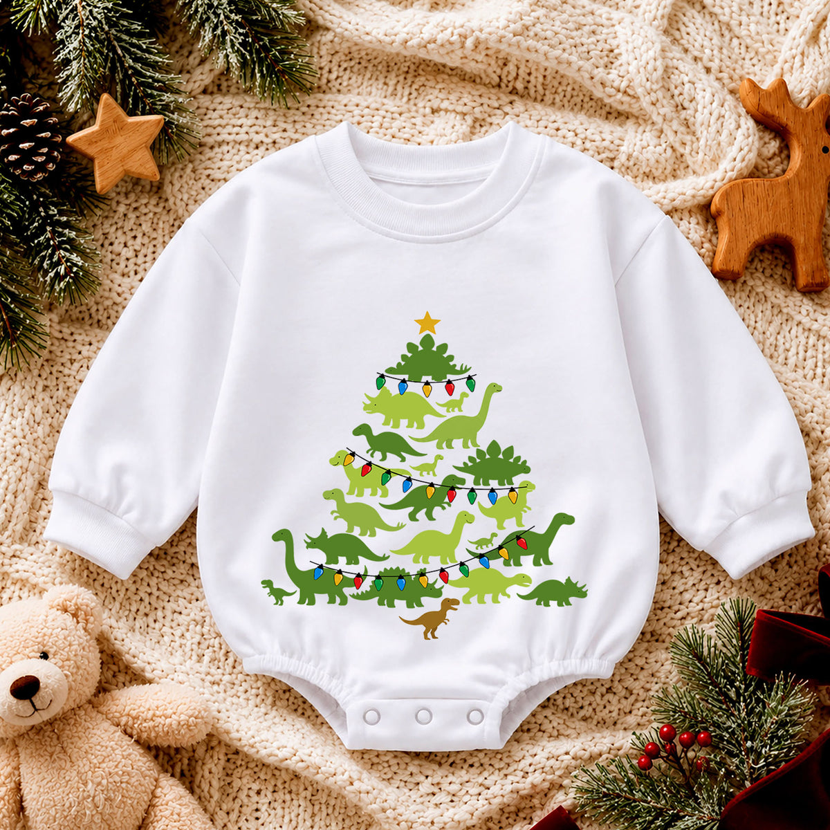 Dinosaur Christmas Tree Baby Romper, Dino Holiday Outfit, Toddler Xmas Clothes, Christmas Dinosaur Baby Gift — product view 4