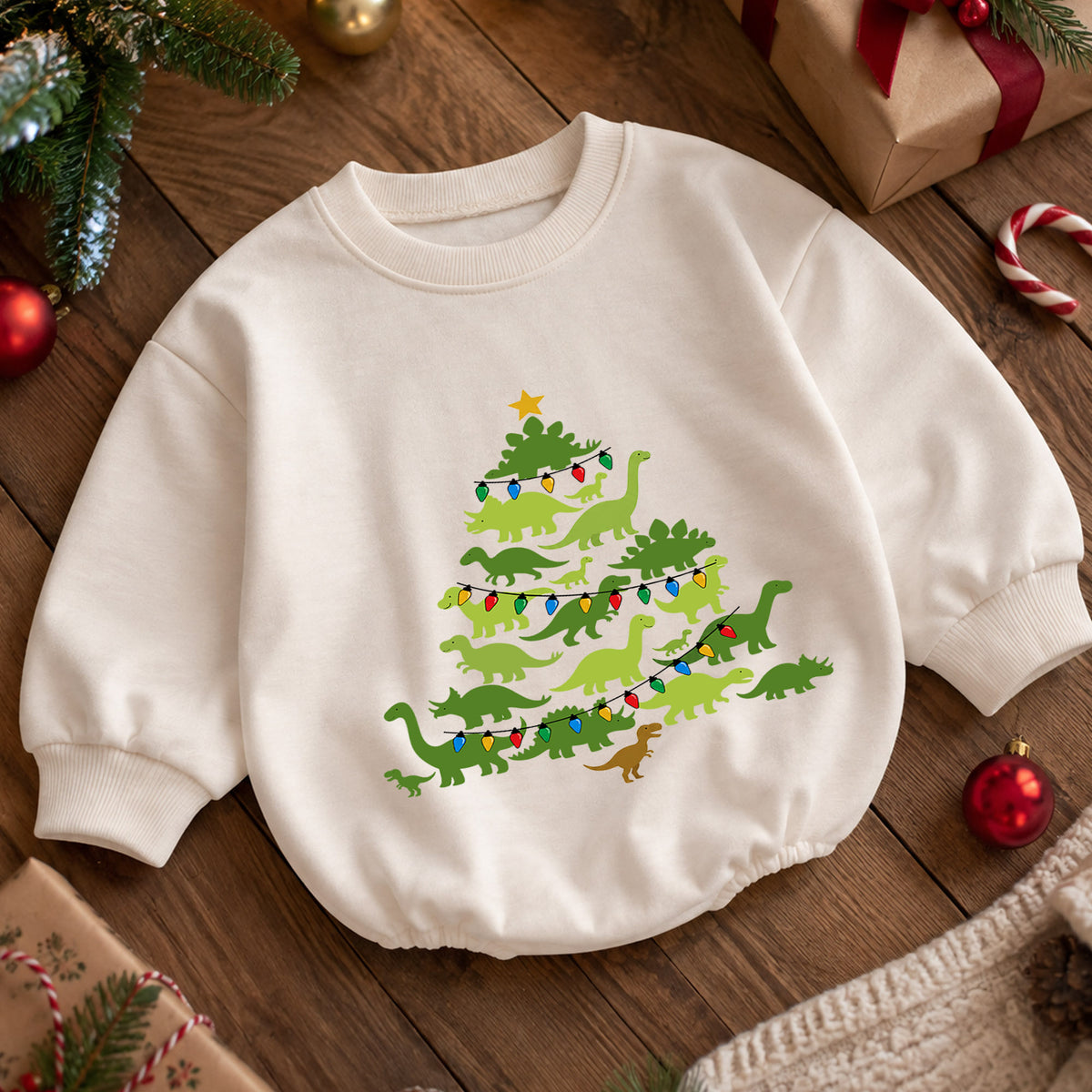 Dinosaur Christmas Tree Baby Romper, Dino Holiday Outfit, Toddler Xmas Clothes, Christmas Dinosaur Baby Gift — product view 5