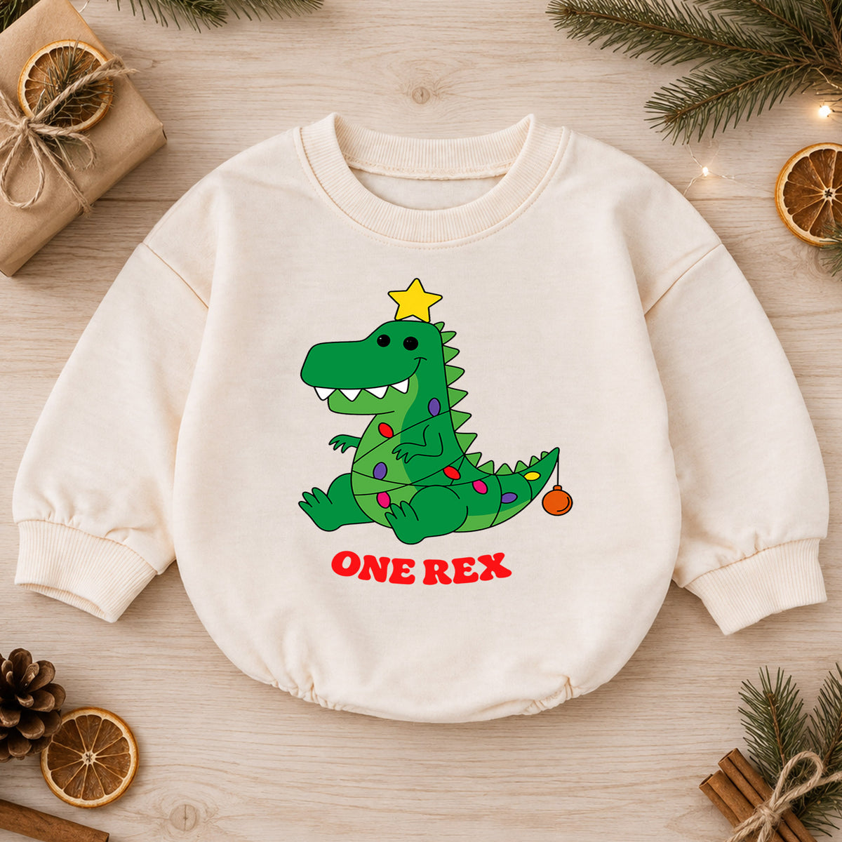 One Rex First Birthday Christmas Baby Romper, Dinosaur 1st Birthday Holiday Outfit, Toddler Xmas Birthday Gift — product view 1