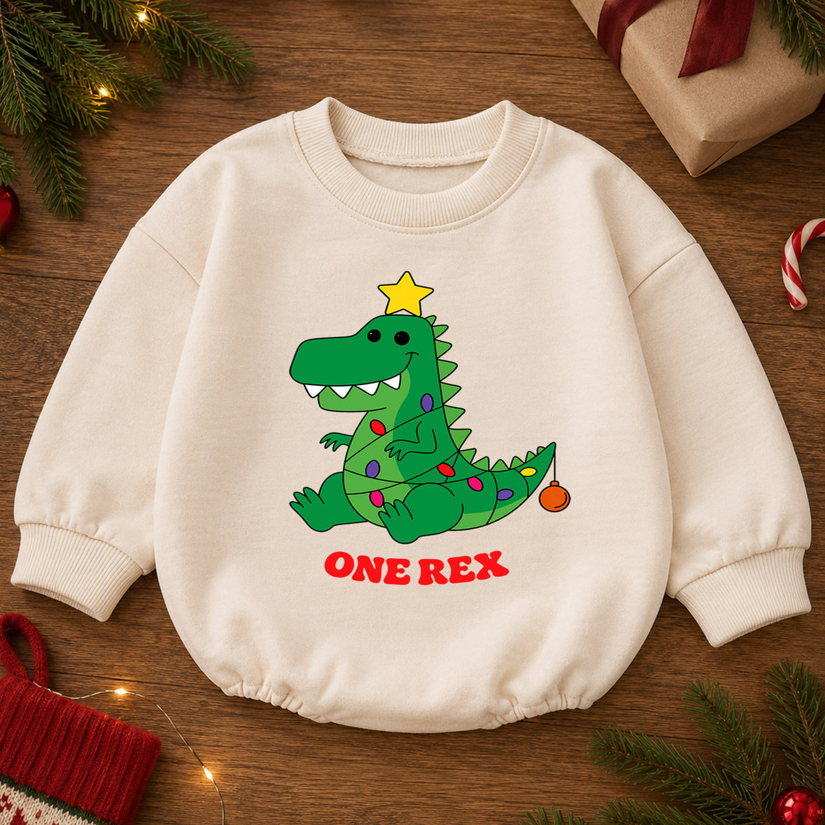One Rex First Birthday Christmas Baby Romper, Dinosaur 1st Birthday Holiday Outfit, Toddler Xmas Birthday Gift — product view 2