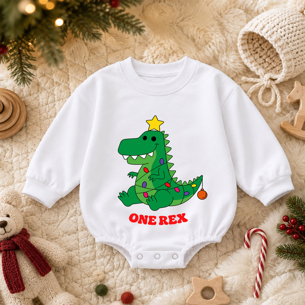 One Rex First Birthday Christmas Baby Romper, Dinosaur 1st Birthday Holiday Outfit, Toddler Xmas Birthday Gift — product view 3