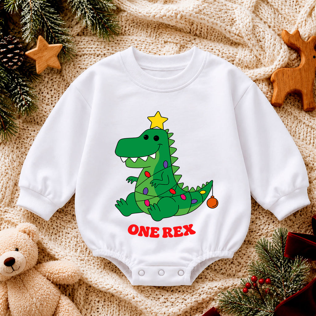 One Rex First Birthday Christmas Baby Romper, Dinosaur 1st Birthday Holiday Outfit, Toddler Xmas Birthday Gift — product view 4