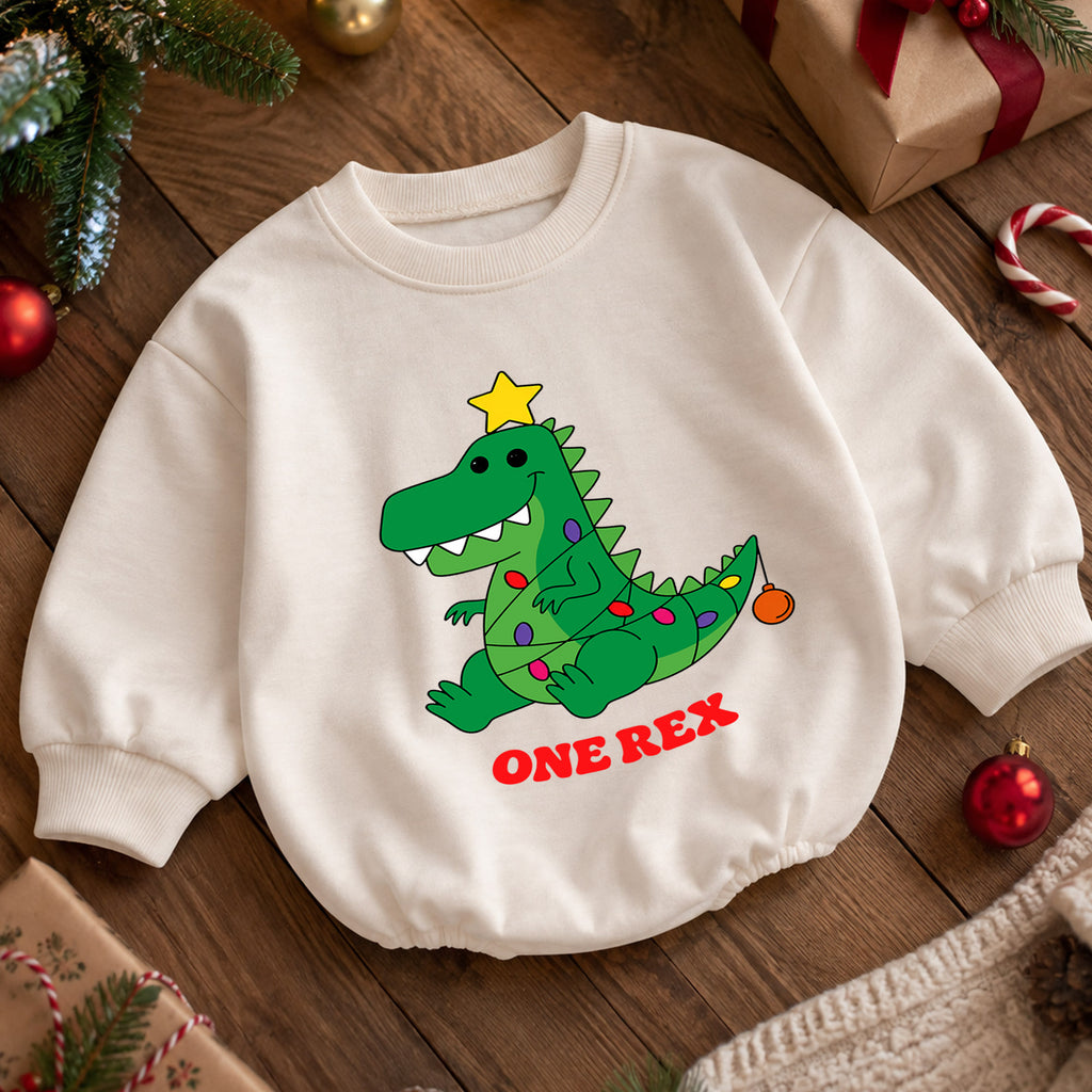 One Rex First Birthday Christmas Baby Romper, Dinosaur 1st Birthday Holiday Outfit, Toddler Xmas Birthday Gift — product view 5