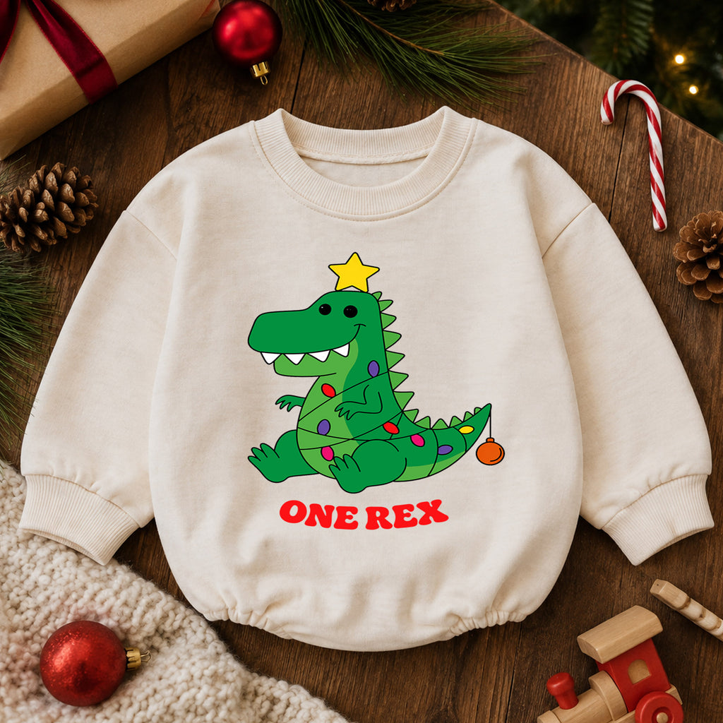 One Rex First Birthday Christmas Baby Romper, Dinosaur 1st Birthday Holiday Outfit, Toddler Xmas Birthday Gift — product view 6