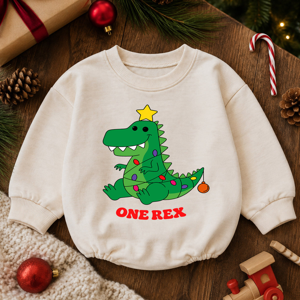 One Rex First Birthday Christmas Baby Romper, Dinosaur 1st Birthday Holiday Outfit, Toddler Xmas Birthday Gift — product view 6