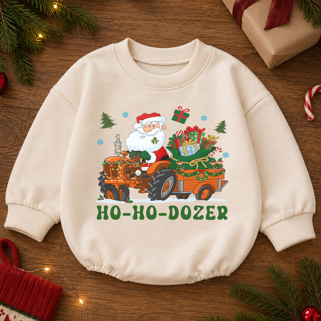 Ho Ho Dozer Baby Romper, Santa Tractor Christmas Outfit, Construction Toddler Holiday Romper, Funny Xmas Baby Gift — product view 2