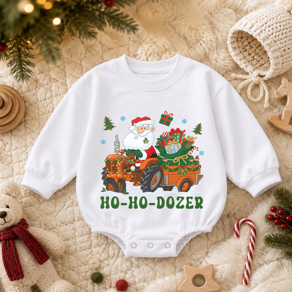 Ho Ho Dozer Baby Romper, Santa Tractor Christmas Outfit, Construction Toddler Holiday Romper, Funny Xmas Baby Gift — product view 3