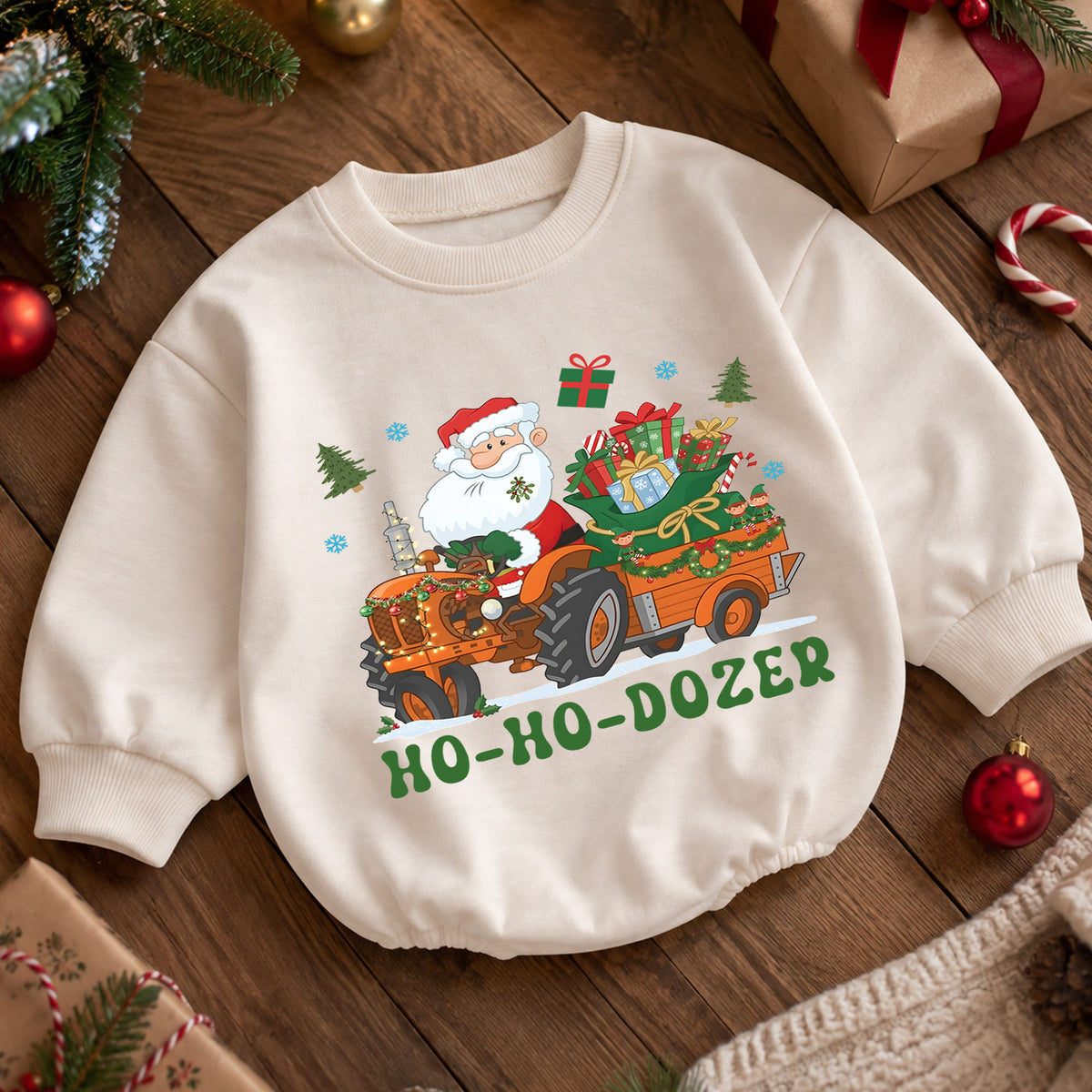 Ho Ho Dozer Baby Romper, Santa Tractor Christmas Outfit, Construction Toddler Holiday Romper, Funny Xmas Baby Gift — product view 5