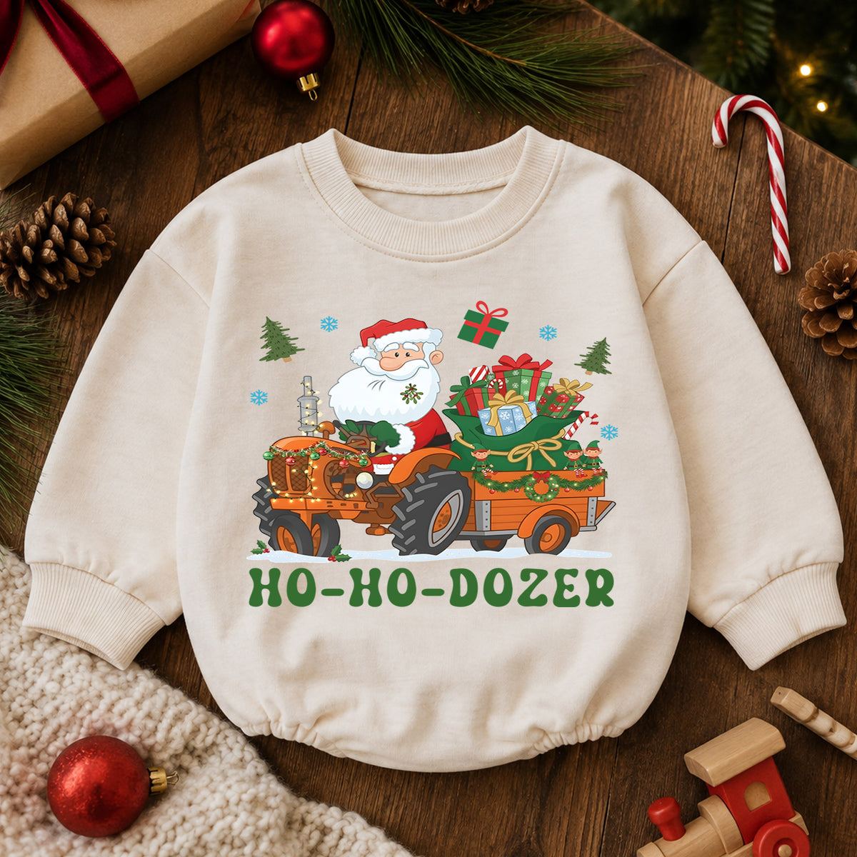 Ho Ho Dozer Baby Romper, Santa Tractor Christmas Outfit, Construction Toddler Holiday Romper, Funny Xmas Baby Gift — product view 6