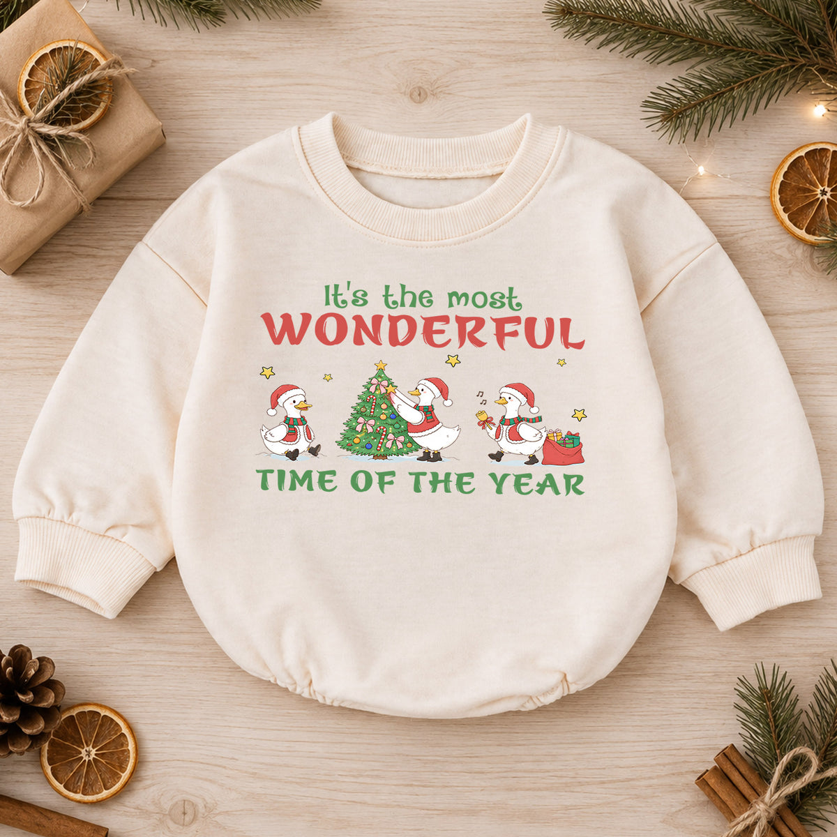 Most Wonderful Time Christmas Baby Romper, Christmas Goose Holiday Outfit, Toddler Xmas Romper, Cute 1st Christmas Gift for Baby — product view 1