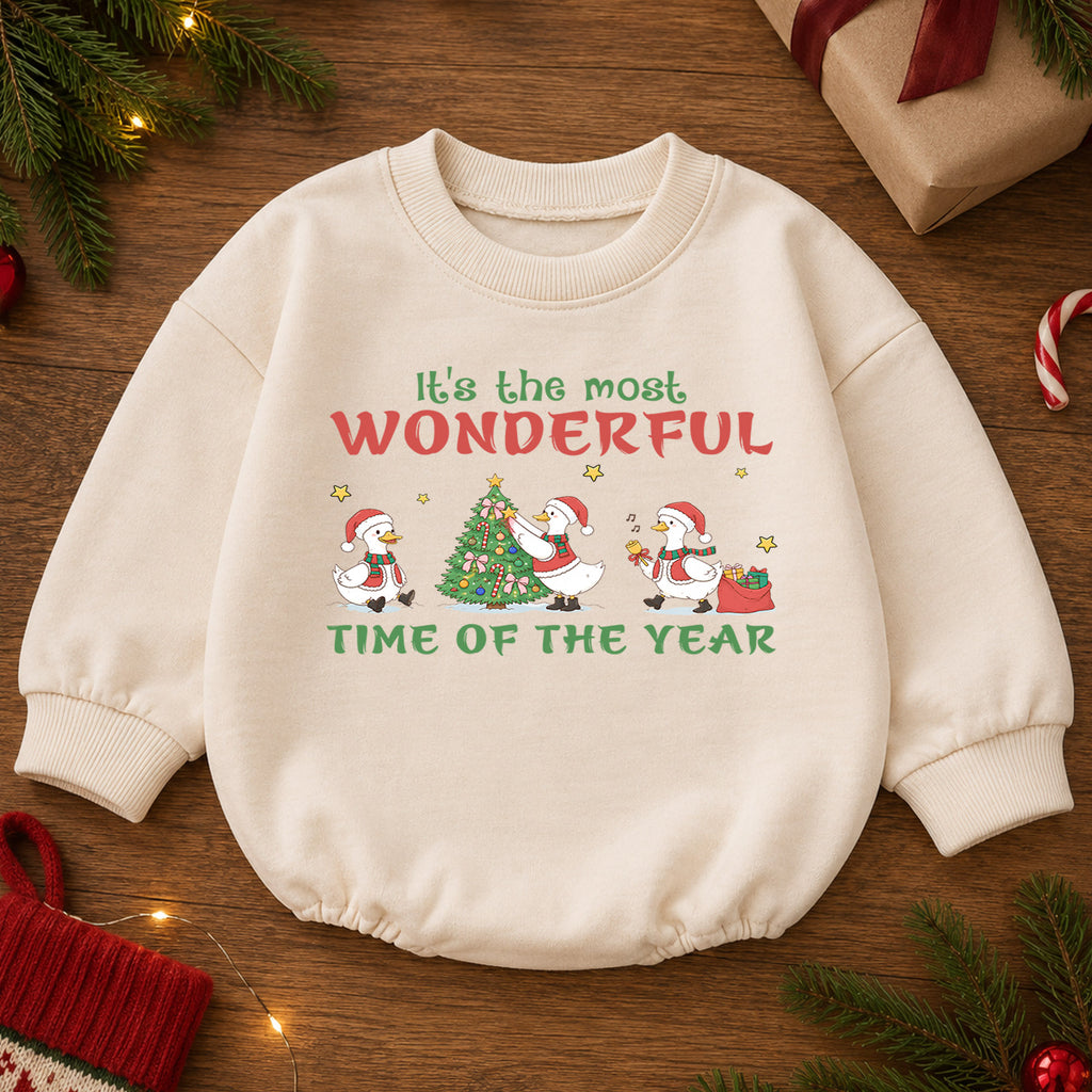 Most Wonderful Time Christmas Baby Romper, Christmas Goose Holiday Outfit, Toddler Xmas Romper, Cute 1st Christmas Gift for Baby — product view 2