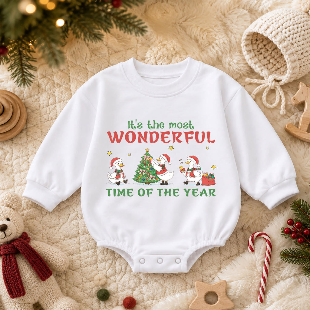 Most Wonderful Time Christmas Baby Romper, Christmas Goose Holiday Outfit, Toddler Xmas Romper, Cute 1st Christmas Gift for Baby — product view 3
