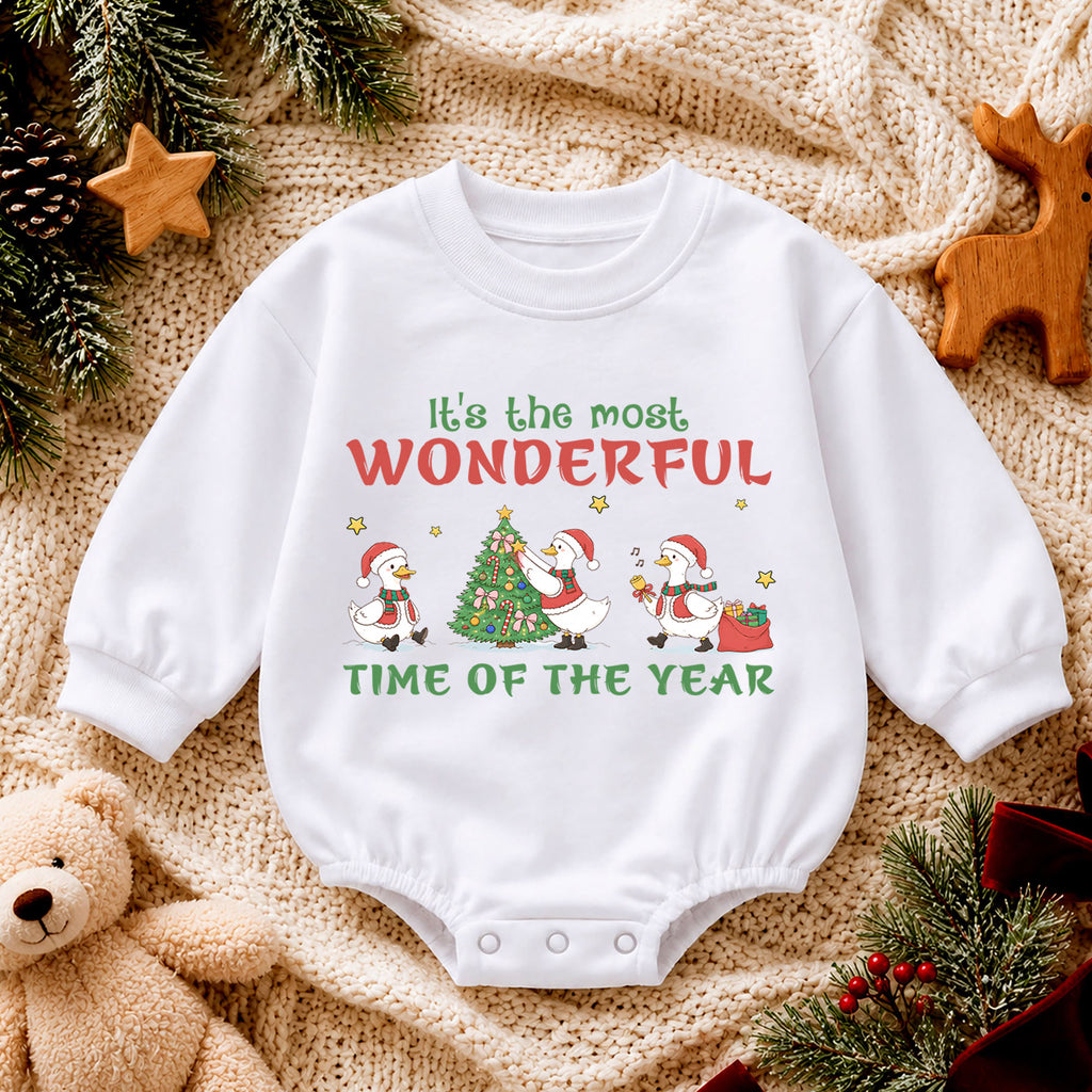 Most Wonderful Time Christmas Baby Romper, Christmas Goose Holiday Outfit, Toddler Xmas Romper, Cute 1st Christmas Gift for Baby — product view 4