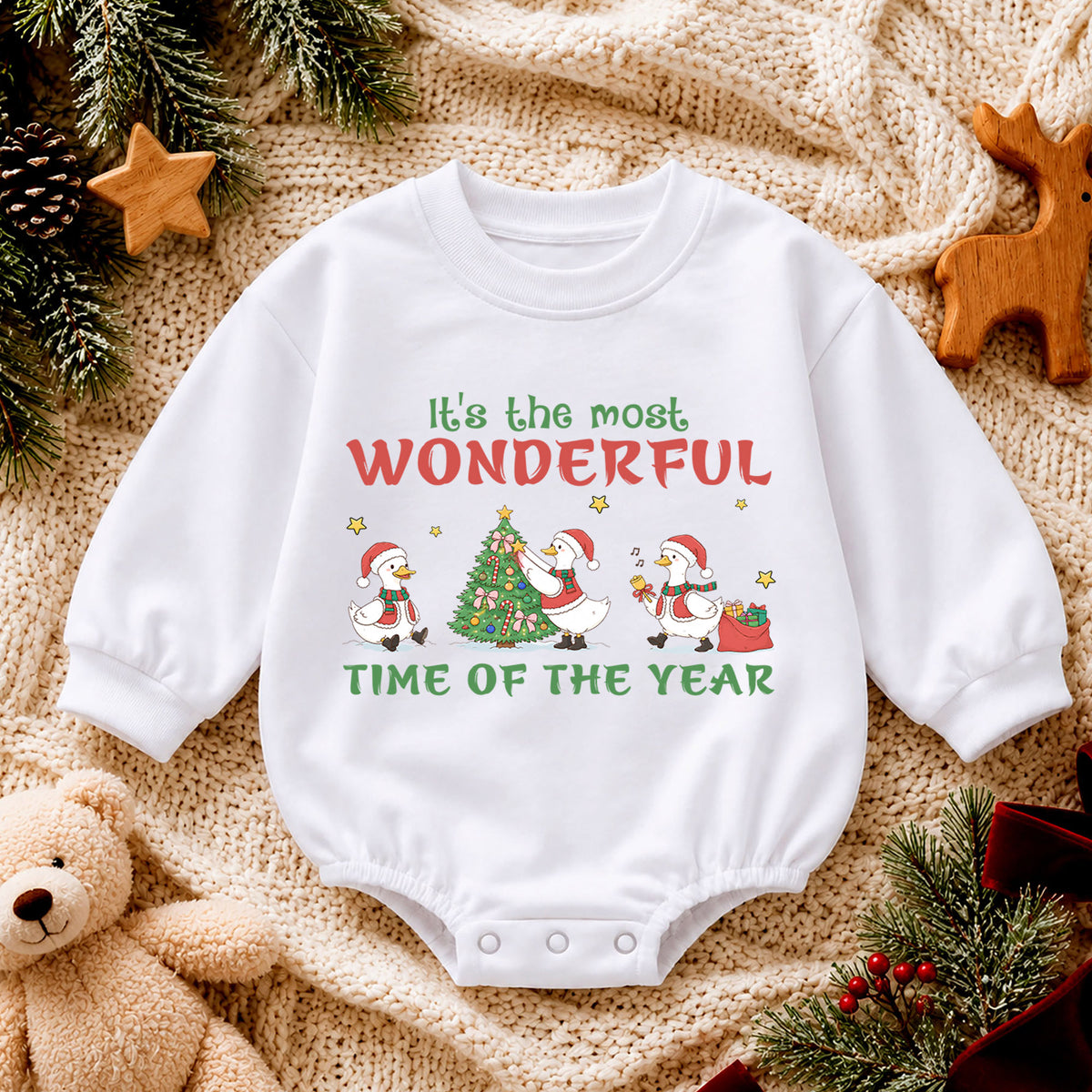 Most Wonderful Time Christmas Baby Romper, Christmas Goose Holiday Outfit, Toddler Xmas Romper, Cute 1st Christmas Gift for Baby — product view 4