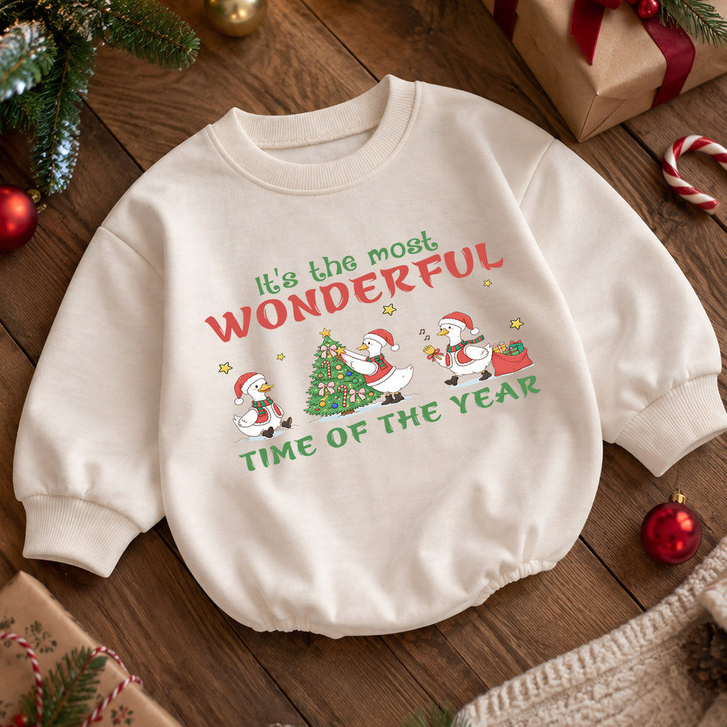 Most Wonderful Time Christmas Baby Romper, Christmas Goose Holiday Outfit, Toddler Xmas Romper, Cute 1st Christmas Gift for Baby — product view 5