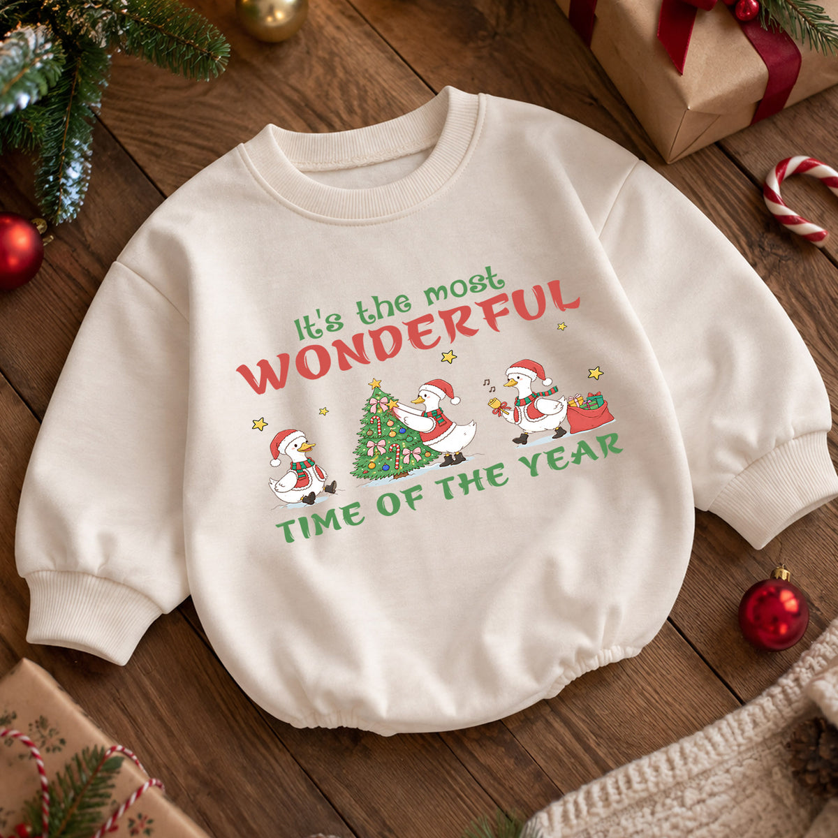 Most Wonderful Time Christmas Baby Romper, Christmas Goose Holiday Outfit, Toddler Xmas Romper, Cute 1st Christmas Gift for Baby — product view 5