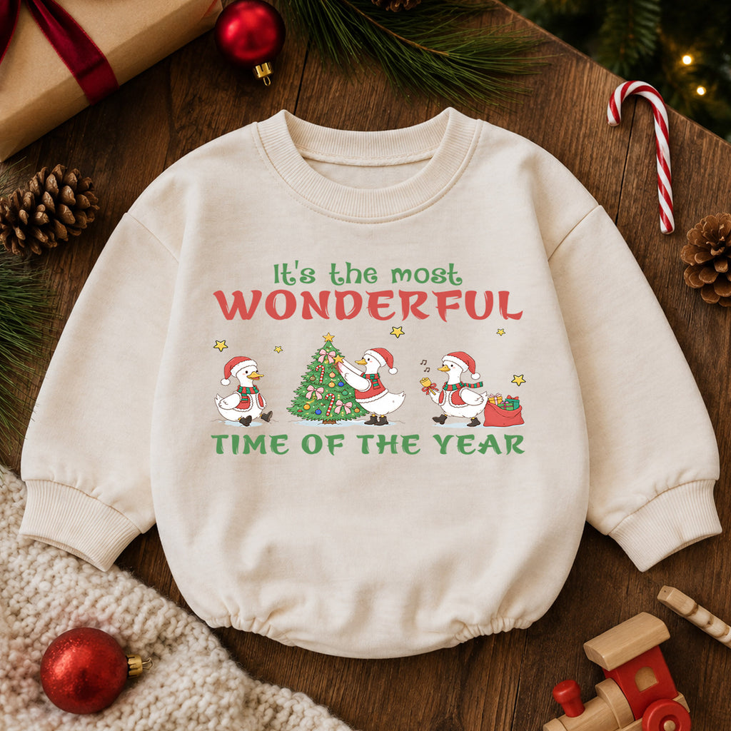 Most Wonderful Time Christmas Baby Romper, Christmas Goose Holiday Outfit, Toddler Xmas Romper, Cute 1st Christmas Gift for Baby — product view 6