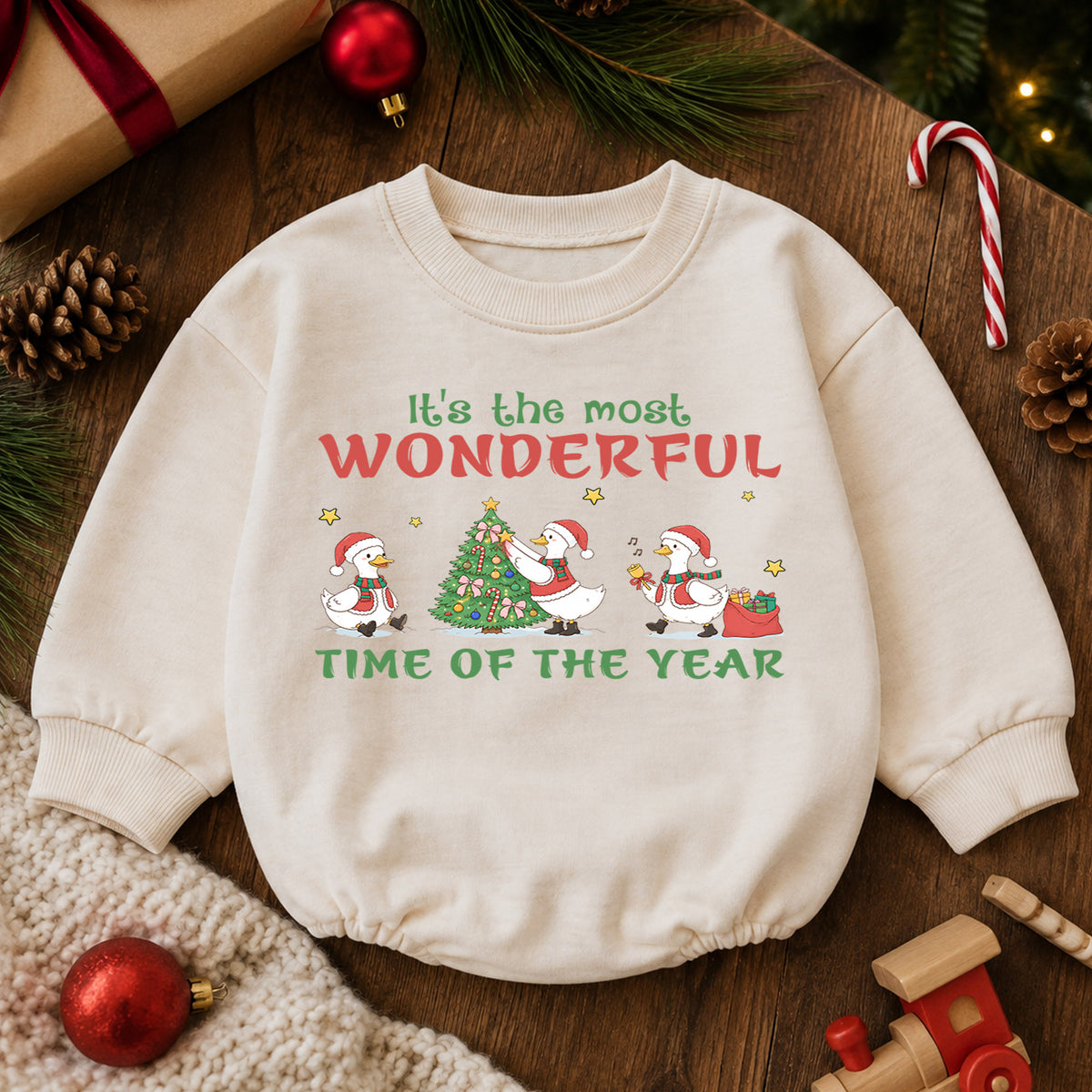 Most Wonderful Time Christmas Baby Romper, Christmas Goose Holiday Outfit, Toddler Xmas Romper, Cute 1st Christmas Gift for Baby — product view 6