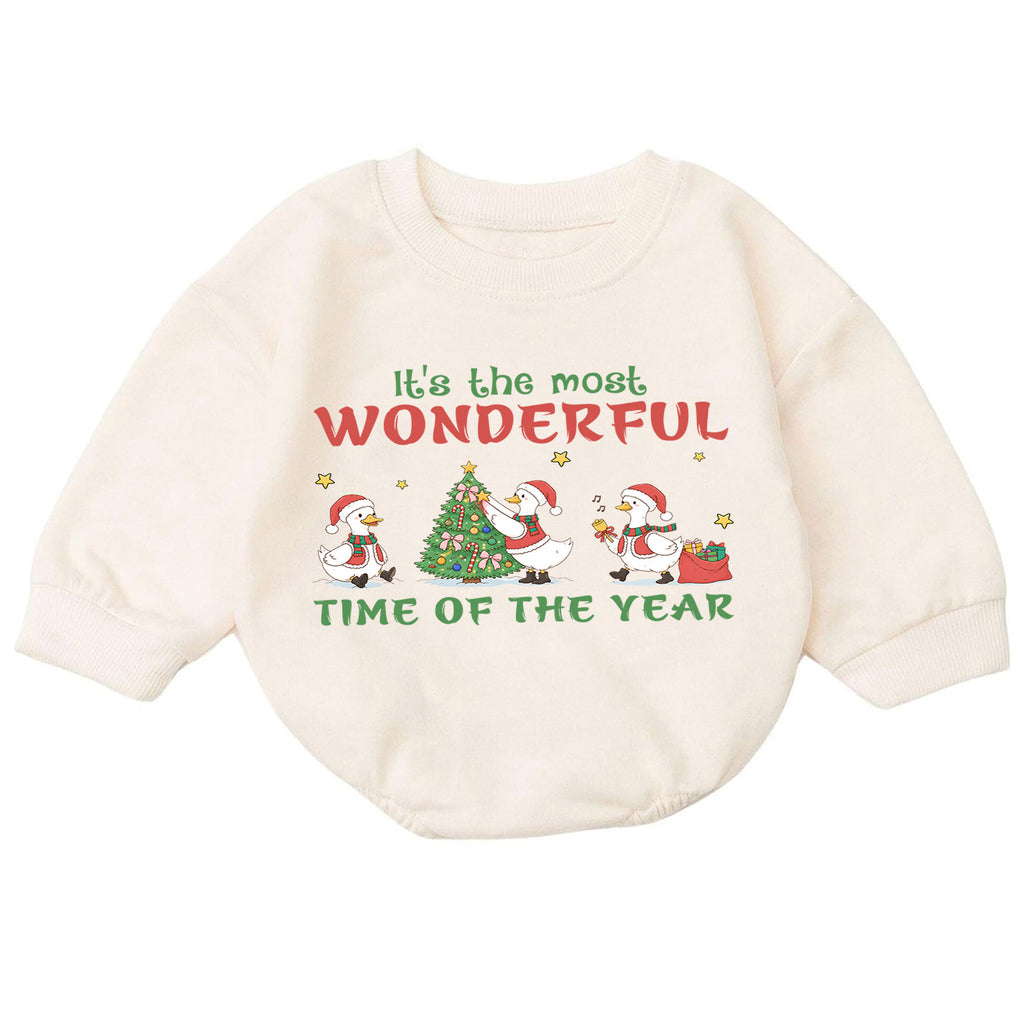 Most Wonderful Time Christmas Baby Romper, Christmas Goose Holiday Outfit, Toddler Xmas Romper, Cute 1st Christmas Gift for Baby — product view 7