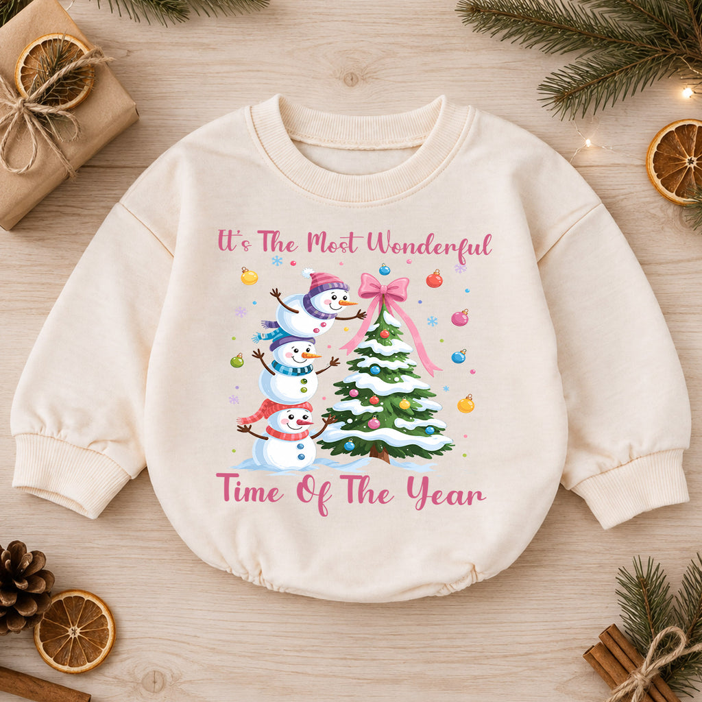 Most Wonderful Time Christmas Baby Romper, Pink Snowman Holiday Outfit, Toddler Christmas Romper, Cute 1st Christmas Gift — product view 1