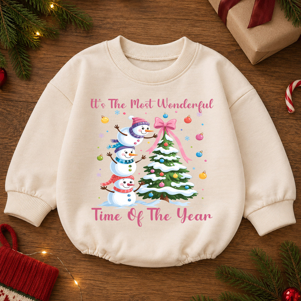 Most Wonderful Time Christmas Baby Romper, Pink Snowman Holiday Outfit, Toddler Christmas Romper, Cute 1st Christmas Gift — product view 2