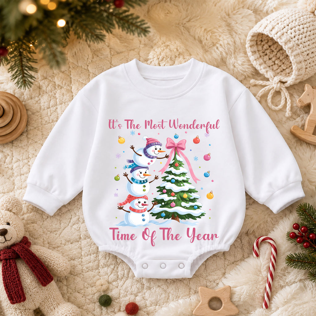 Most Wonderful Time Christmas Baby Romper, Pink Snowman Holiday Outfit, Toddler Christmas Romper, Cute 1st Christmas Gift — product view 3