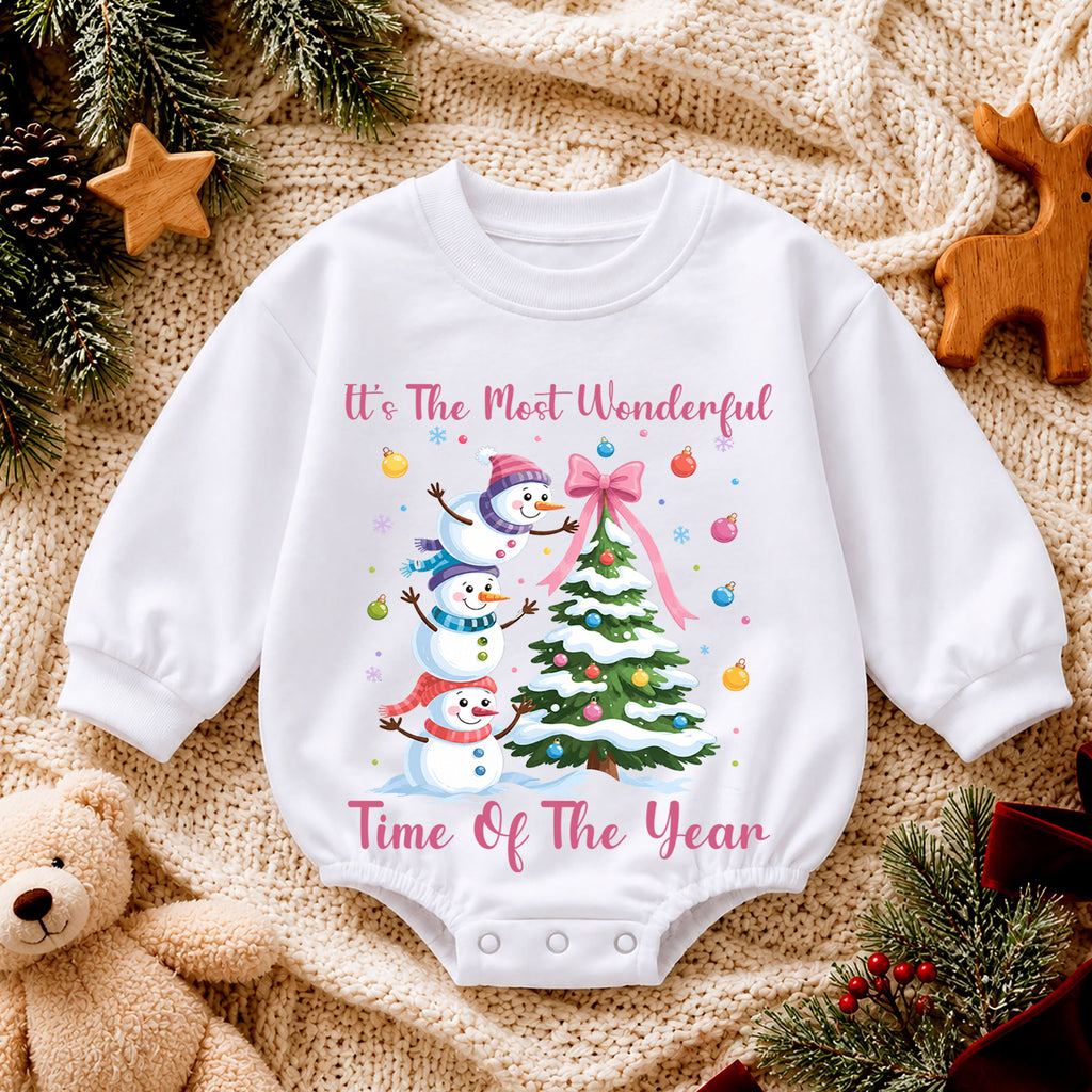 Most Wonderful Time Christmas Baby Romper, Pink Snowman Holiday Outfit, Toddler Christmas Romper, Cute 1st Christmas Gift — product view 4