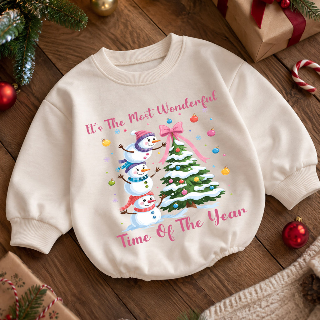 Most Wonderful Time Christmas Baby Romper, Pink Snowman Holiday Outfit, Toddler Christmas Romper, Cute 1st Christmas Gift — product view 5