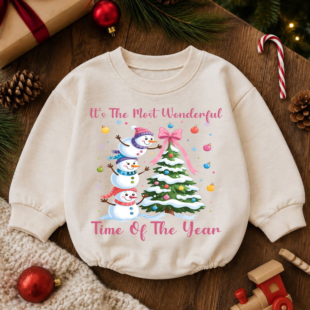 Most Wonderful Time Christmas Baby Romper, Pink Snowman Holiday Outfit, Toddler Christmas Romper, Cute 1st Christmas Gift — product view 6