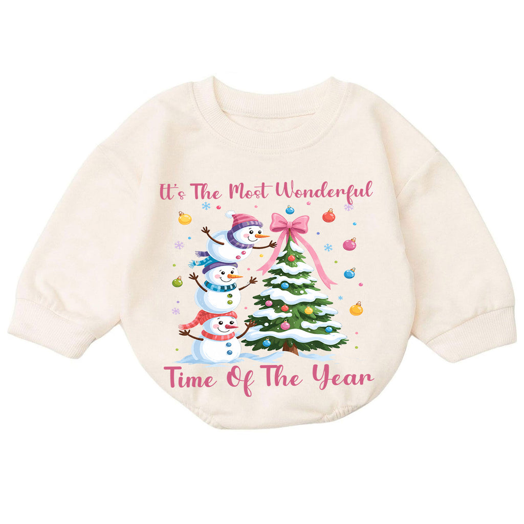 Most Wonderful Time Christmas Baby Romper, Pink Snowman Holiday Outfit, Toddler Christmas Romper, Cute 1st Christmas Gift — product view 7