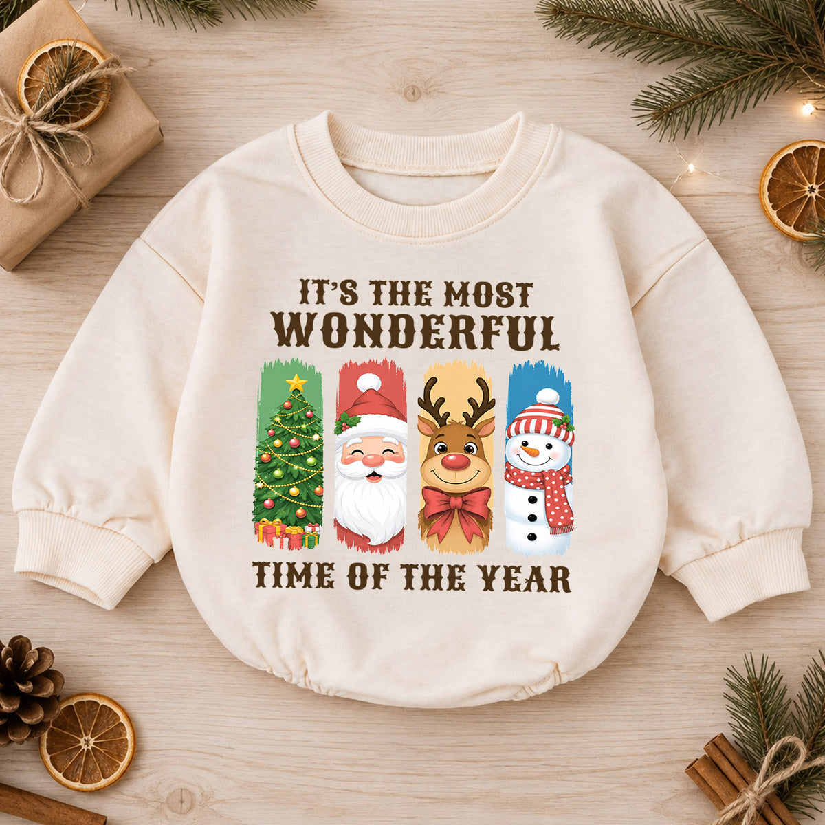 It's the Most Wonderful Time Christmas Baby Romper, Santa Reindeer Snowman Holiday Outfit, Cute 1st Christmas Gift for Baby — product view 1