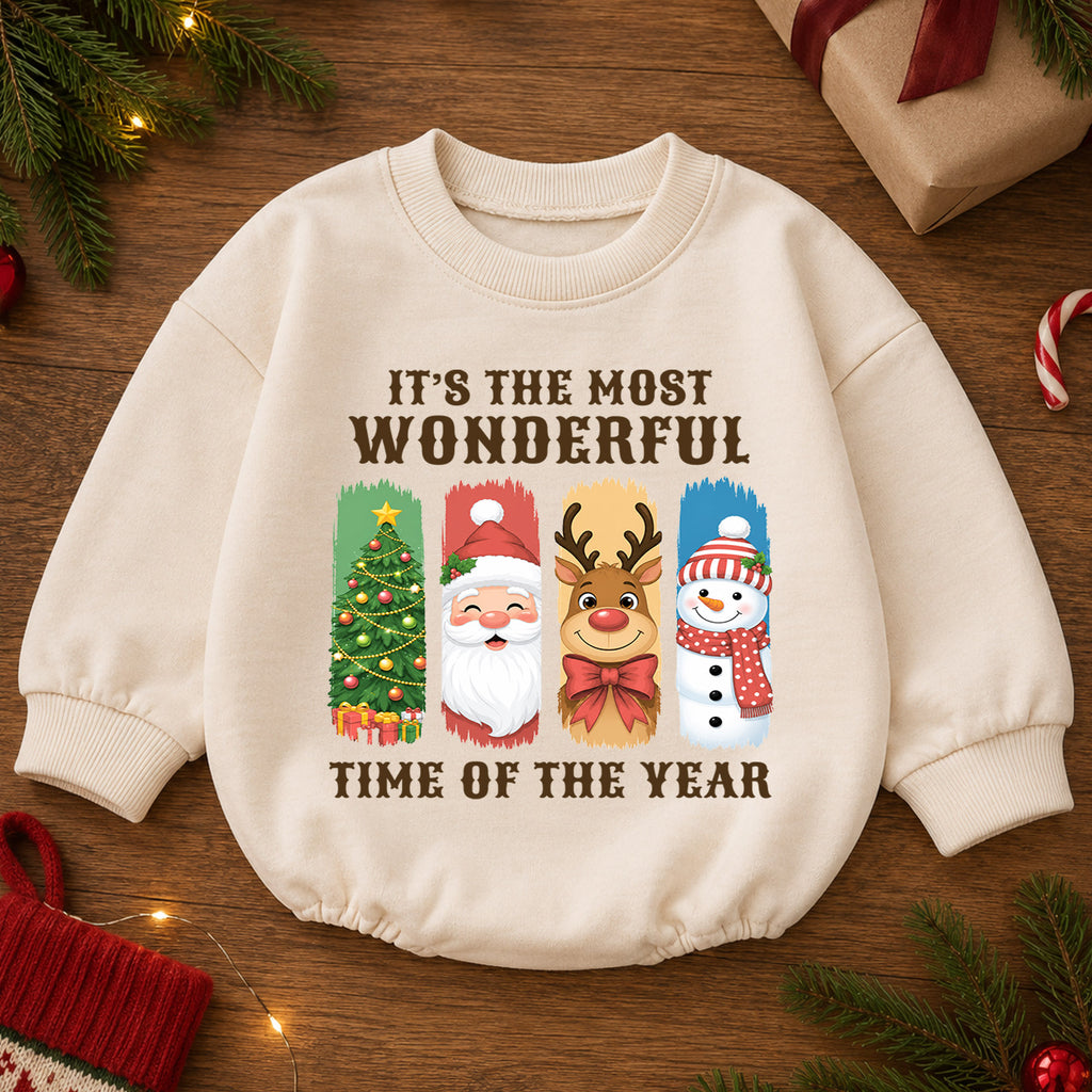 It's the Most Wonderful Time Christmas Baby Romper, Santa Reindeer Snowman Holiday Outfit, Cute 1st Christmas Gift for Baby — product view 2