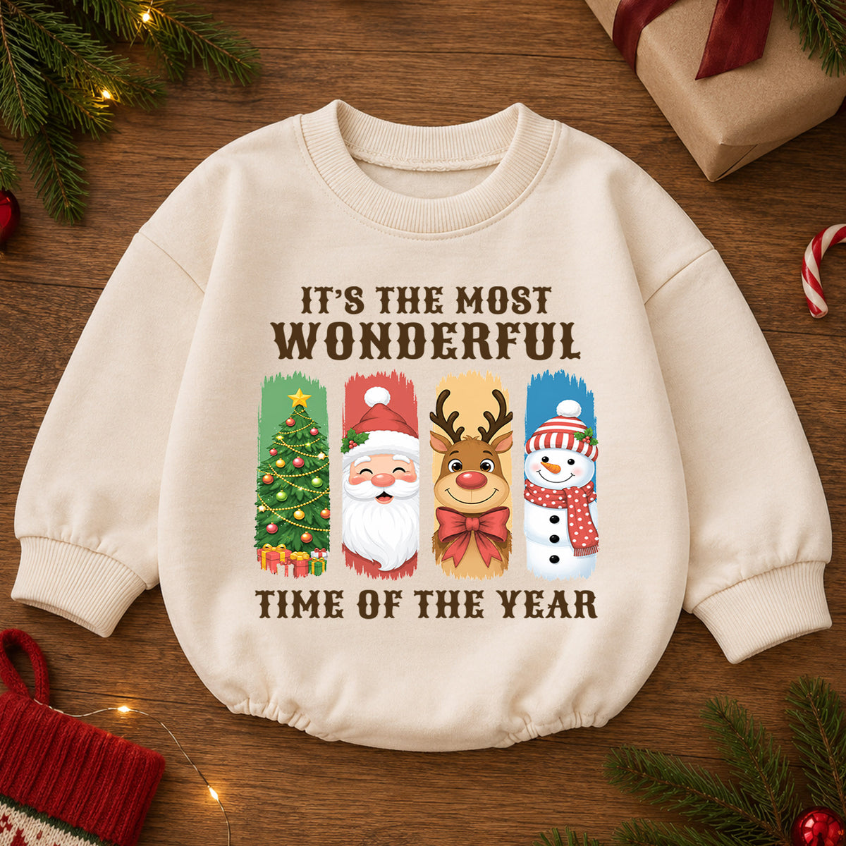 It's the Most Wonderful Time Christmas Baby Romper, Santa Reindeer Snowman Holiday Outfit, Cute 1st Christmas Gift for Baby — product view 2