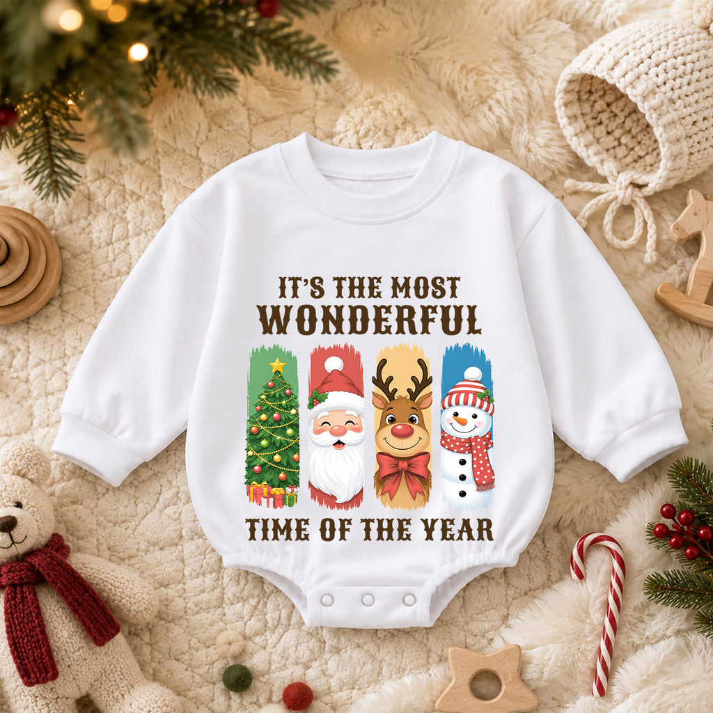It's the Most Wonderful Time Christmas Baby Romper, Santa Reindeer Snowman Holiday Outfit, Cute 1st Christmas Gift for Baby — product view 3