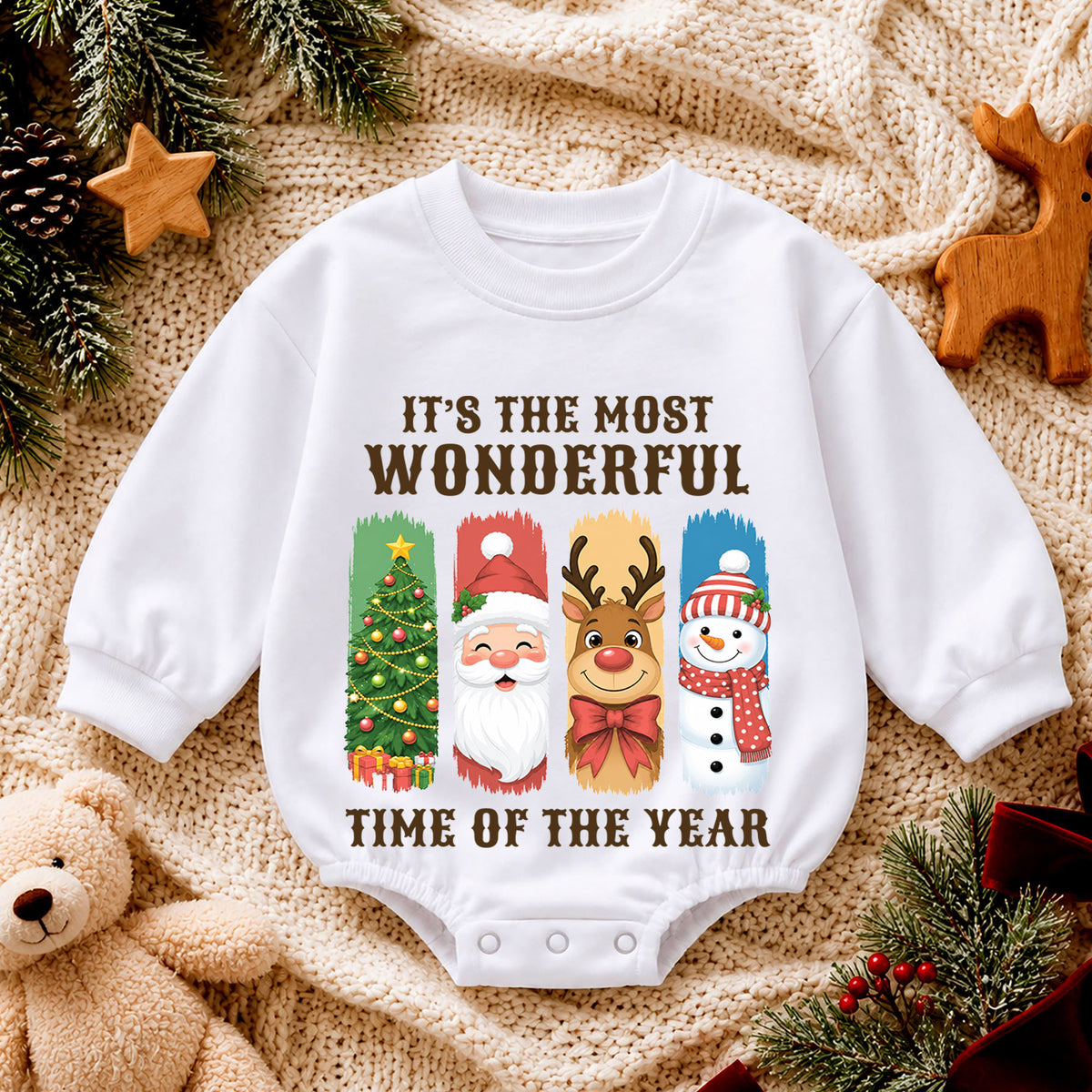 It's the Most Wonderful Time Christmas Baby Romper, Santa Reindeer Snowman Holiday Outfit, Cute 1st Christmas Gift for Baby — product view 4
