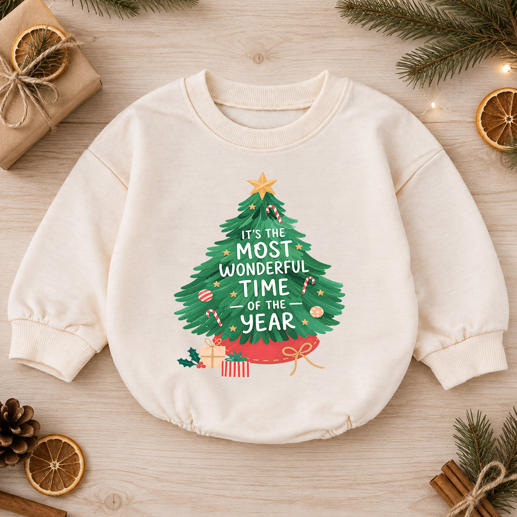 Most Wonderful Time Christmas Baby Romper, Christmas Tree Holiday Outfit, Toddler Xmas Romper, Cute 1st Christmas Gift for Baby — product view 1