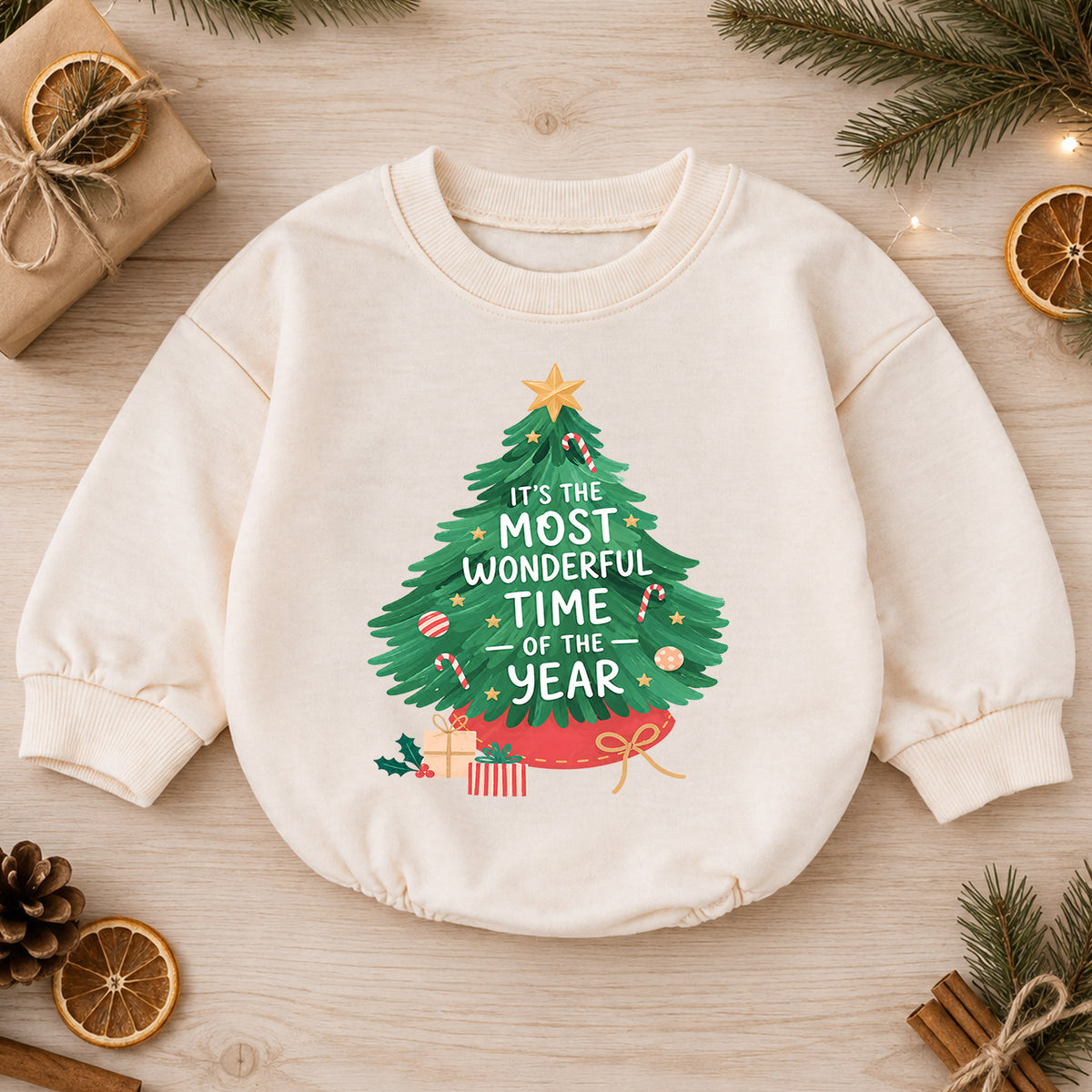 Most Wonderful Time Christmas Baby Romper, Christmas Tree Holiday Outfit, Toddler Xmas Romper, Cute 1st Christmas Gift for Baby — product view 1
