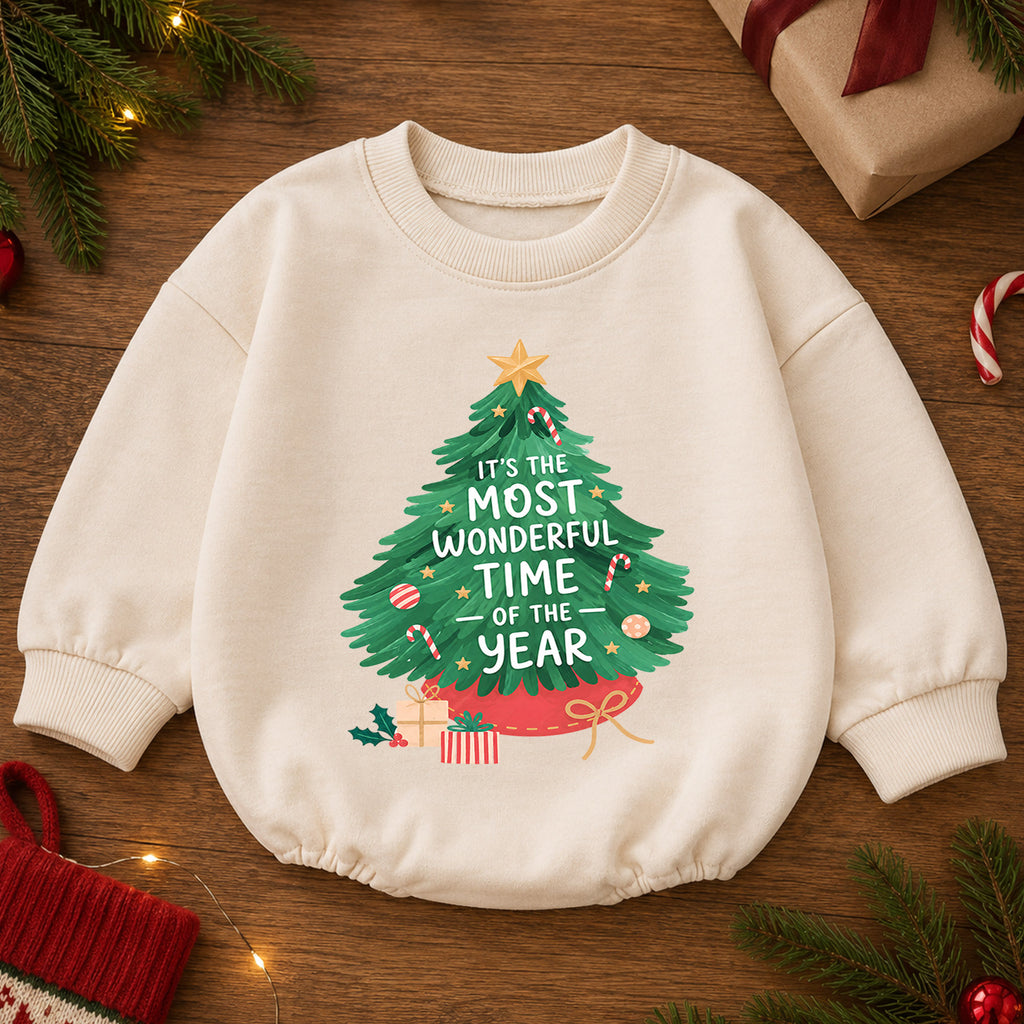 Most Wonderful Time Christmas Baby Romper, Christmas Tree Holiday Outfit, Toddler Xmas Romper, Cute 1st Christmas Gift for Baby — product view 2