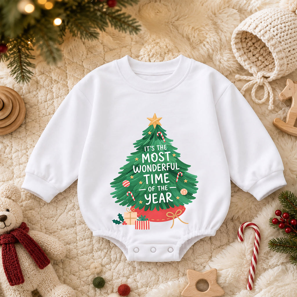 Most Wonderful Time Christmas Baby Romper, Christmas Tree Holiday Outfit, Toddler Xmas Romper, Cute 1st Christmas Gift for Baby — product view 3