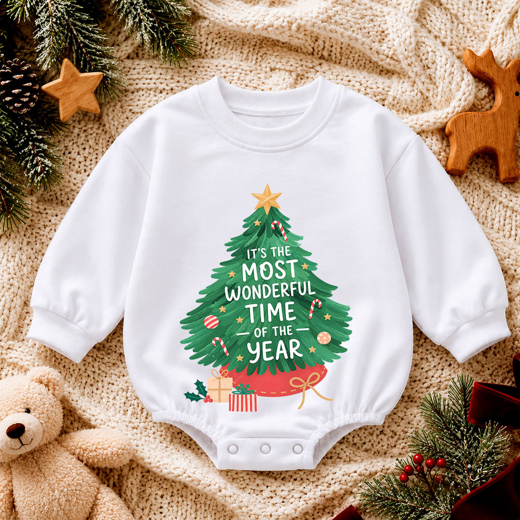Most Wonderful Time Christmas Baby Romper, Christmas Tree Holiday Outfit, Toddler Xmas Romper, Cute 1st Christmas Gift for Baby — product view 4