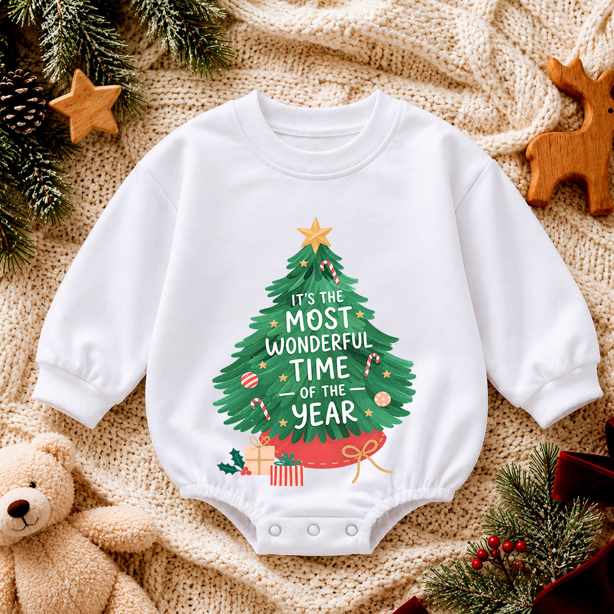 Most Wonderful Time Christmas Baby Romper, Christmas Tree Holiday Outfit, Toddler Xmas Romper, Cute 1st Christmas Gift for Baby — product view 4