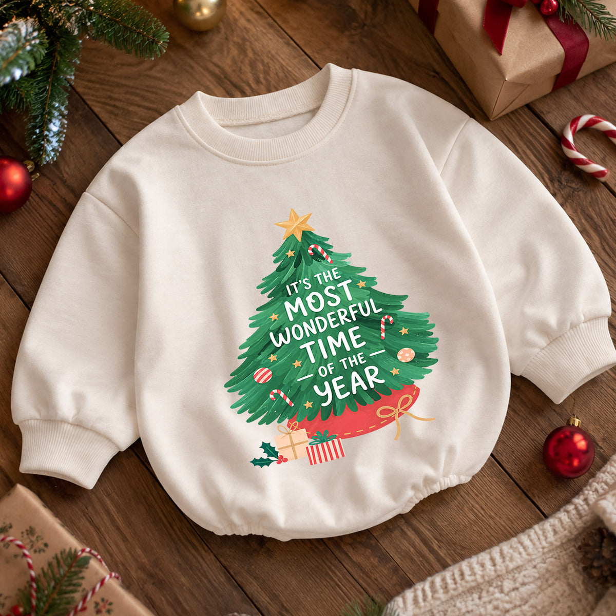 Most Wonderful Time Christmas Baby Romper, Christmas Tree Holiday Outfit, Toddler Xmas Romper, Cute 1st Christmas Gift for Baby — product view 5
