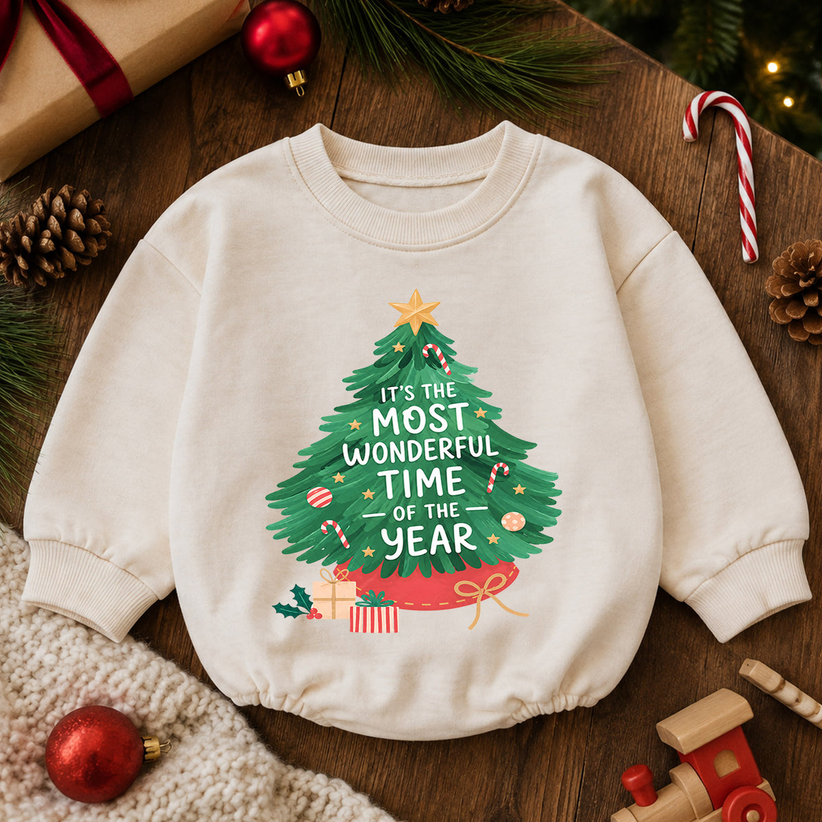 Most Wonderful Time Christmas Baby Romper, Christmas Tree Holiday Outfit, Toddler Xmas Romper, Cute 1st Christmas Gift for Baby — product view 6