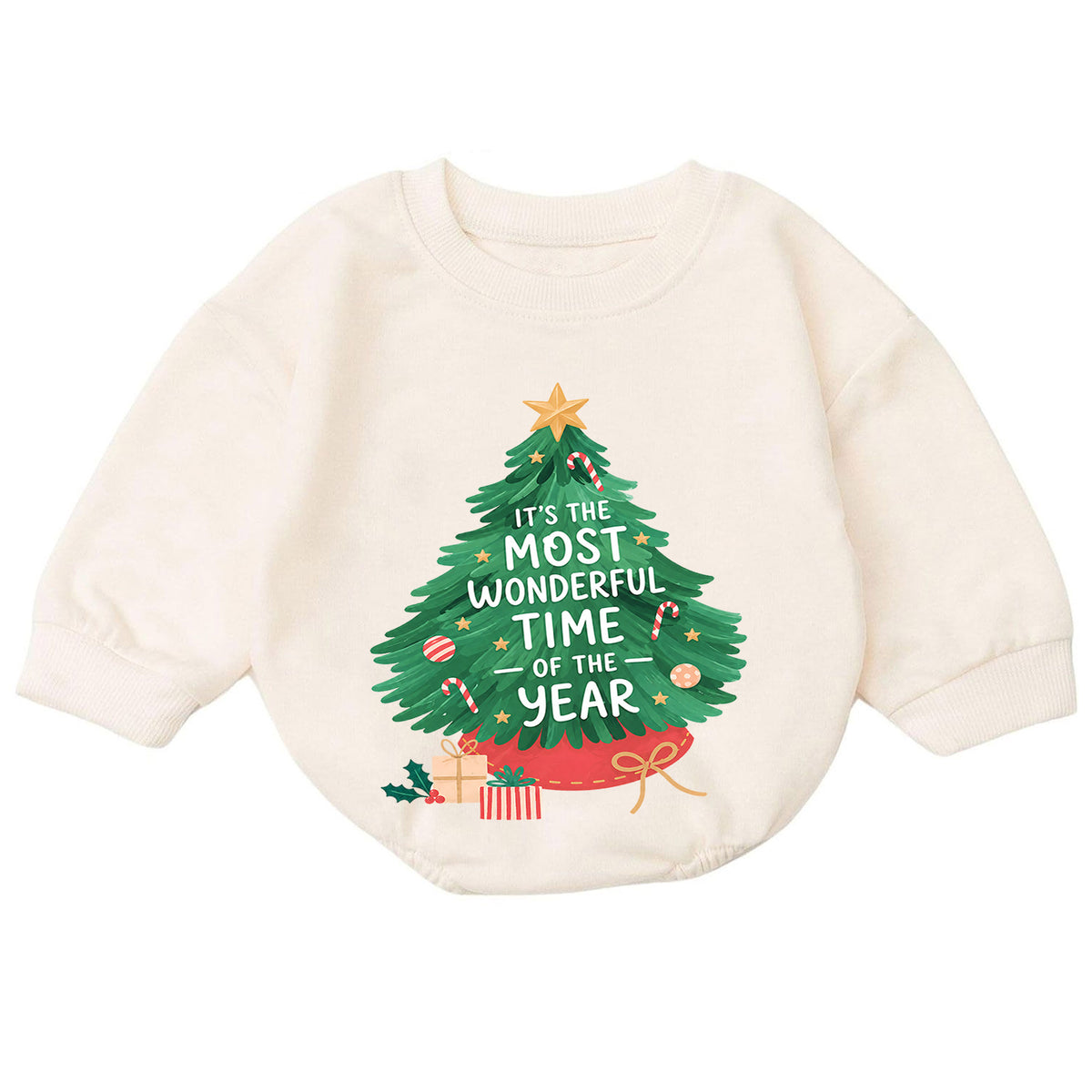 Most Wonderful Time Christmas Baby Romper, Christmas Tree Holiday Outfit, Toddler Xmas Romper, Cute 1st Christmas Gift for Baby — product view 7