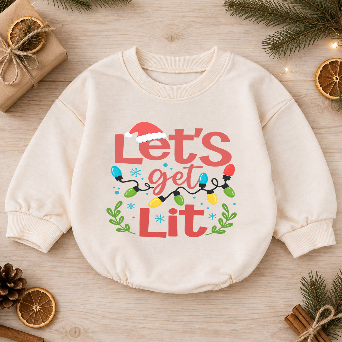 Let's Get Lit Christmas Baby Romper, Funny Christmas Lights Holiday Outfit, Toddler Xmas Romper, Cute 1st Christmas Gift for Baby — product view 1